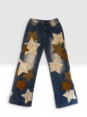 Oli & Hali Women's Blue Star Patchwork Jeans - Brown & Cream Star Accents NWOT